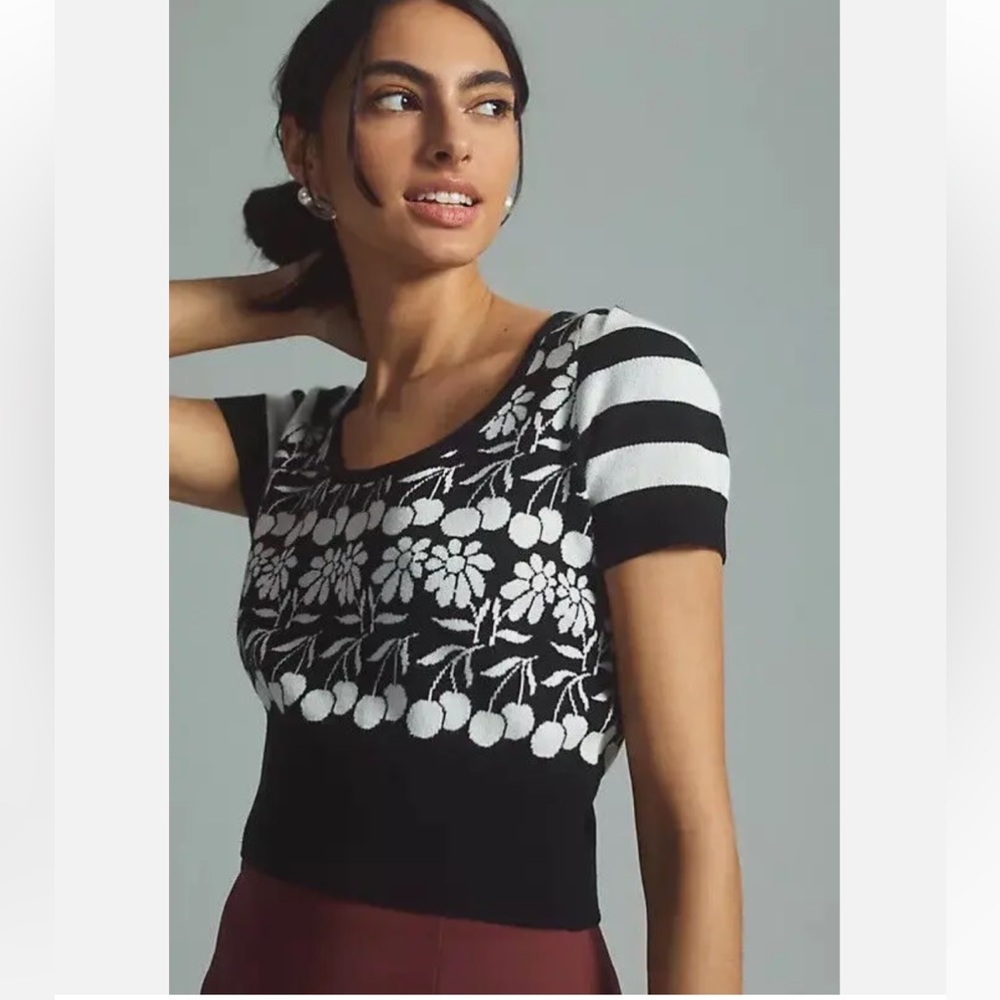 Anthropologie Maeve Trixie Sweater Tee Knit Top Black White Floral Cherry NWOT